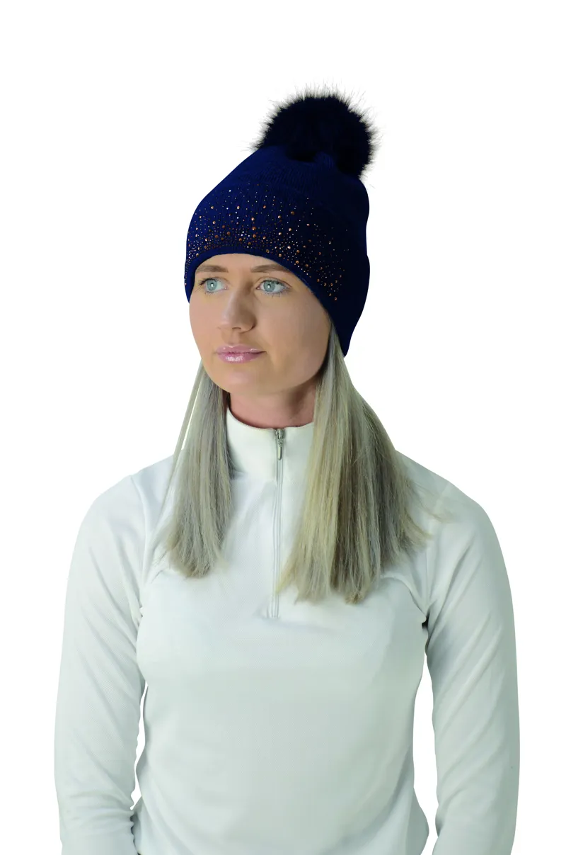 Hy Equestrian Alaska Diamante Bobble Hat - Navy/Rose Gold-1